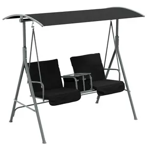 2-Seater Outdoor Porch Swing with Canopy and Table – Patio Swing Chair with Cup Holders, Storage Tray, Cushions, Adjustable Canopy, Steel Frame, 400 lbs Capacity, for Garden, Poolside, Backyard, Black