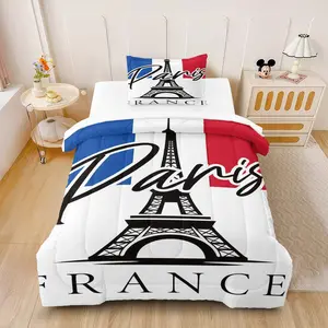 Paris Eiffel Tower Comforter Set (2/3-Piece, 1 Comforter + 1-2 Pillowcases), French Flag Color Block Design, Soft Bedding, Perfect for Parisian Style Decor & Patriotic Gifts, Ideal Gift for Travel & City Lovers