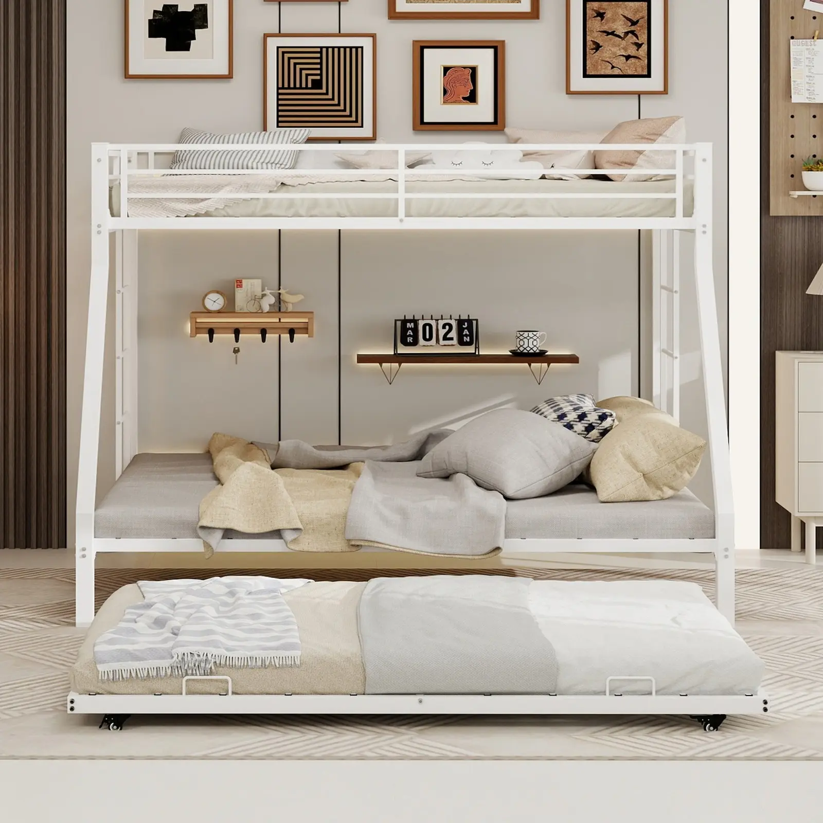 Twin Over Full Metal Bunk Bed Frame with Trundle, Guardrails, Ladder, 400 lb Capacity and Space-Saving Design, White/Black