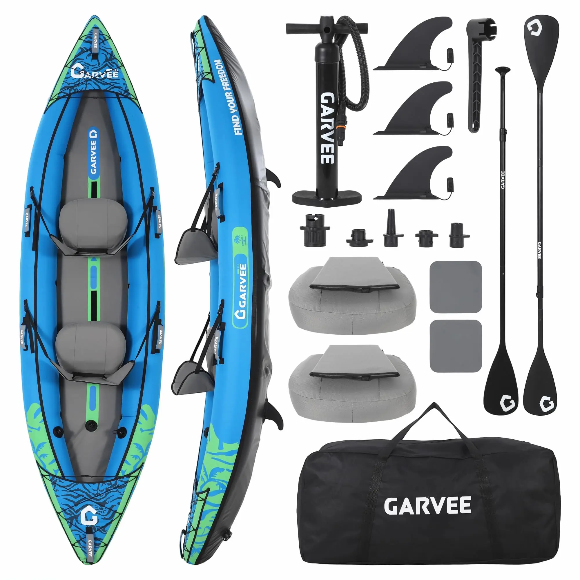 Stable Inflatable Tandem Kayak for Adults - 12.5FT 2-Person - 450 LBS Capacity - Fishing & Touring - Padded Seats, 3 Removable Fins, Hand Pump, Carry Bag, Repair Kit - Durable PVC, Easy Storage - Lake & River Ready