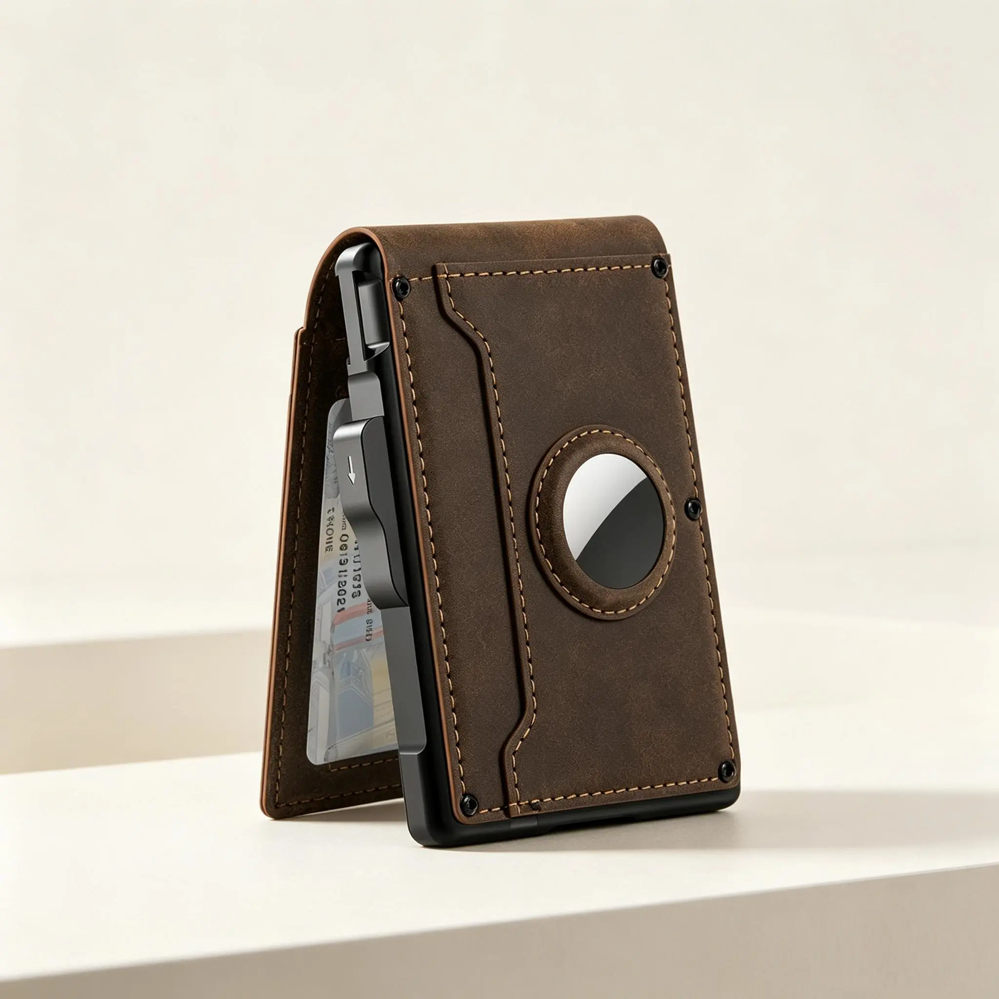 Men's AirTag-compatible minimalist bifold walet with RFID blocking, pop-up aluminum card case holds 12+ cards and features an ID window. Coffee brown leather smart wallet, great gift for men, AirTag not included