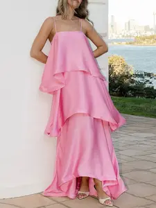 New Summer Women's Adjustable Strap Dress, Solid Color Elegant Floor-Length Flared Skirt with Ruffle Design, Satin Strap Holiday Style Shiny Dress, Womenswear