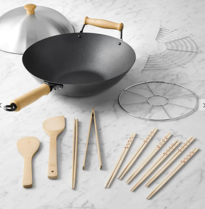 Joyce Chen Professional Series Carbon Steel Nonstick 10-Piece Wok Set with Lid and Maple Handles