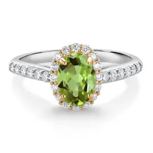Gem Stone King 10K White Gold Green Peridot and White Lab Grown Diamond Halo Engagement Ring For Women | 1.21 Cttw | Oval 7X5MM | Gemstone Birthstone | Wedding Engagement Promise Ring