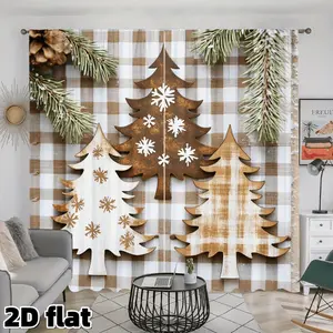 2D Flat 2Pcs Christmas Tree Buffalo Check Curtains, Rustic Farmhouse Pine Pattern, Rod Pocket Design, Semi Sunshade Polyester, Perfect for Living Room Bedroom Kitchen Window Treatment, Holiday Home Decor Gift, Privacy Protection