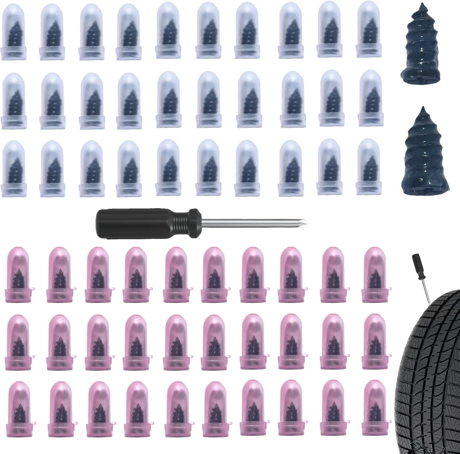Tire Repair Plug Kit - Automotive Repair Tools, Includes 2 Sizes of Threaded Plugs, Storage Case, Screwdriver, Quick Self-Service Tool for Cars, Motorcycles