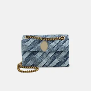 Women's Quilted Mini Soft Denim Crossbody Shoulder Bag - Woven Acid Wash Fabric, Iconic Antique Brass Eagle Head
