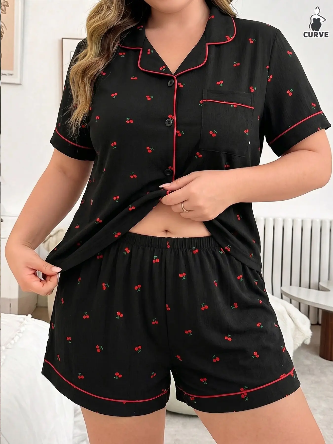 Women's Plus Size Bubble Pleated Fall Sleepwear Set, Cherry Print Short Sleeve Open Front Top and Shorts, Wearable Loungewear, Pajama Set