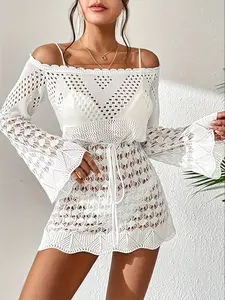Beach Vacation Essential! Off-Shoulder Crochet Knit Hoodie Dress, Bell Sleeve Design, Lightweight Hollow-Out Fabric, Perfect for Pool Parties, Crochet Cover Ups
