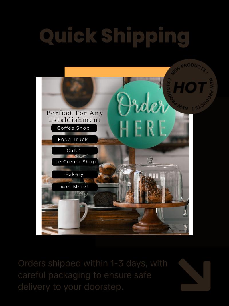 Order Here Pickup Here Sign | Semi Transparent Aqua Acrylic Cafe Decor | Custom Restaurant Bakery Ice Cream Food Truck Display | 12x12"