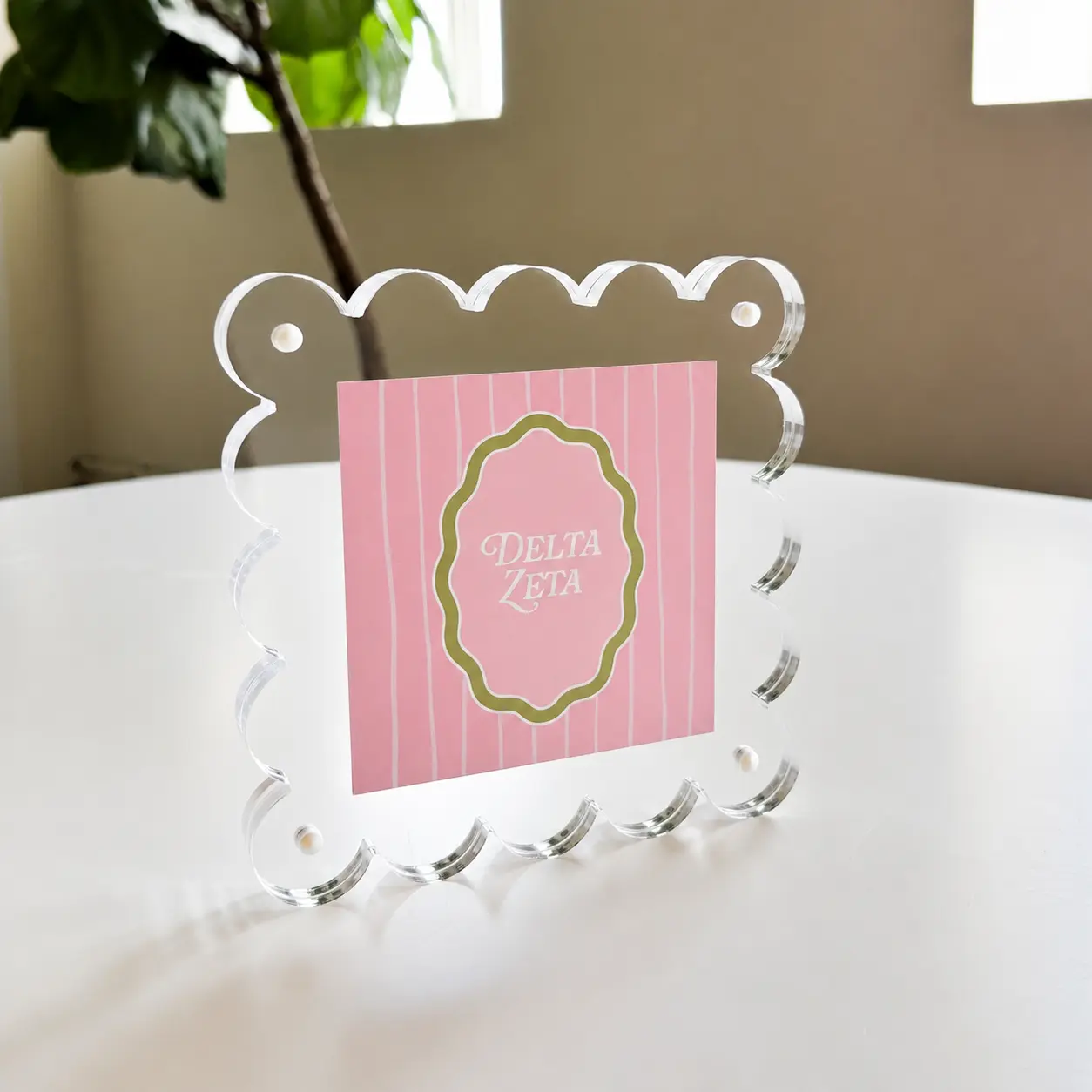 Delta Zeta Square Scalloped Acrylic Photo Frame, Modern Customizable Home Room Decor for Family Display