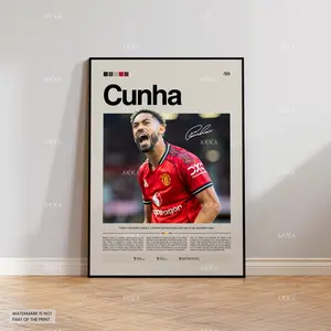 Matheus Cunha Poster, Manchester United Wall Art, Framed Premier League Soccer Print Décor