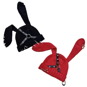 ALIELNOSIRRAH 'Wrecking Rabbit' Rivet Bunny Ear Beanie Y2K Alt Punk Goth Festival Hat
