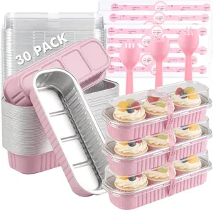 30 Pack Mini Loaf Cake Pan with Lids and Spoons, 6.8oz Small Disposable Aluminum Cake Tin Foil Pans, Rectangular Mini Loaf Bread Pans with Lids for Baking,Party,Picnics,Holidays (Pink