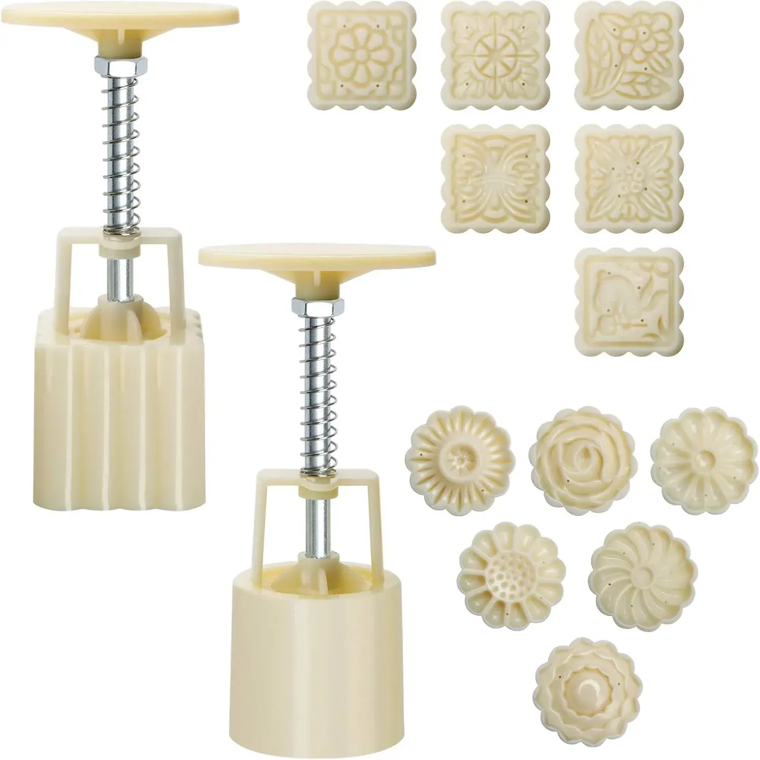 Moon Cake Mould 50g, 12 PCS Pattern Hand-Pressure Mooncake Molds for Mid-Autumn DIY Pastry Tool 2 Set with 6pcs Round Flower Mooncake Mode and 6 Pcs Square Pattern Mooncake Mould (White, 50g)