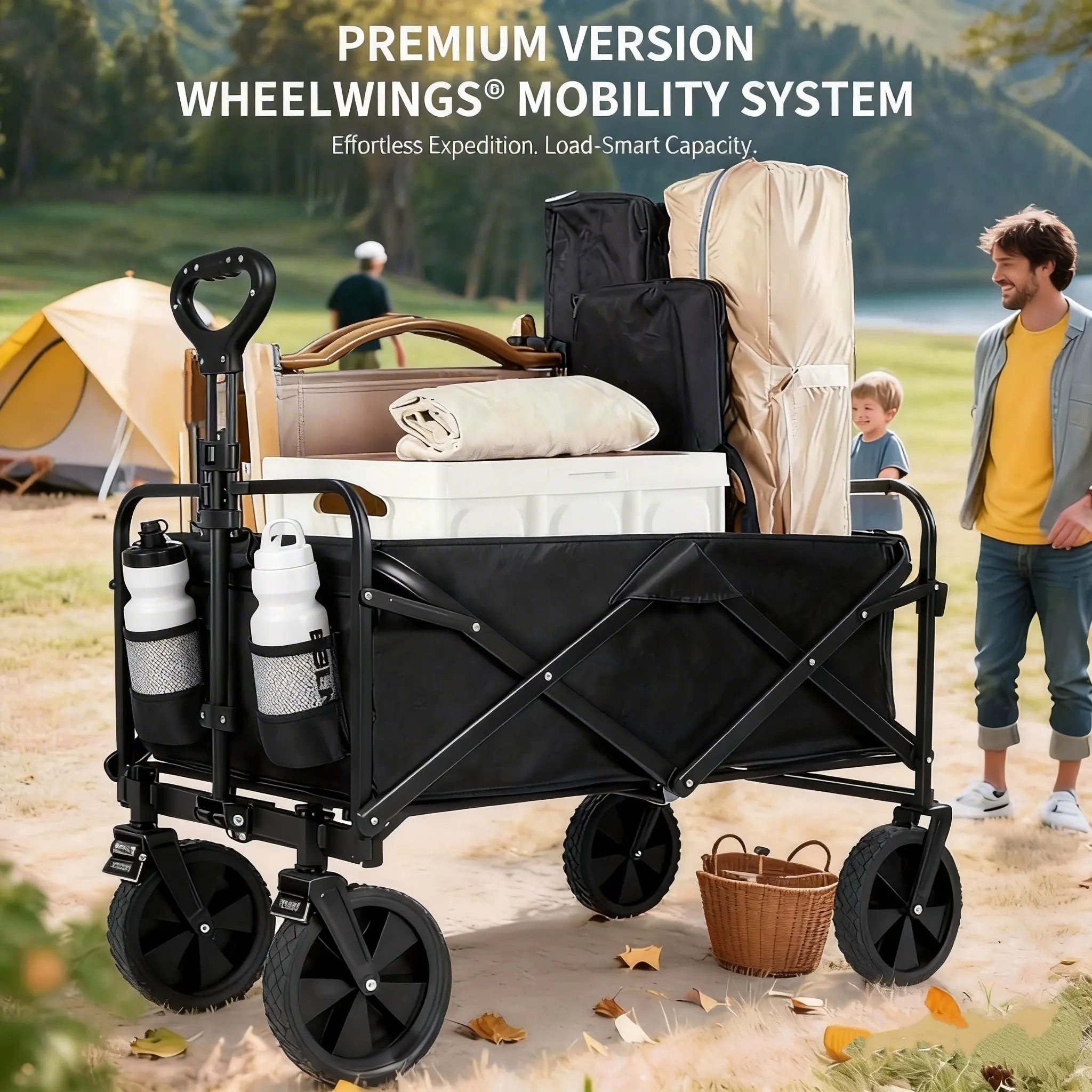 Collapsible Folding Wagon, Heavy-Duty Portable Steel Utility Cart with All-Terrain Tires, 450 lbs Capacity, and Braked Wheels for Beach & Camping