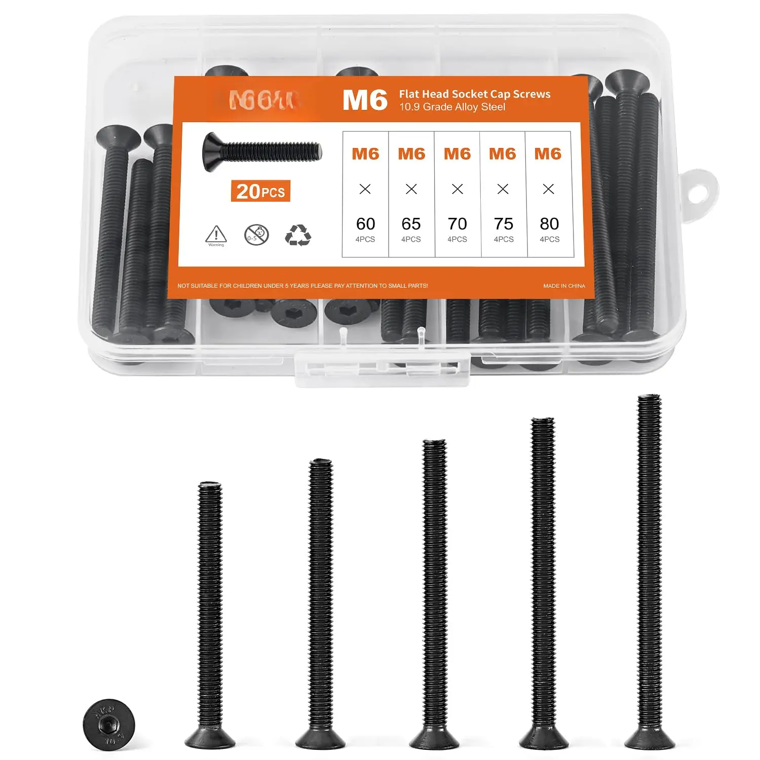 M6 x 60mm 65mm 70mm 75mm 80mm Flat  Socket Cap Screws Countersunk , 10.9 Grade Alloy Steel, Black Oxide Finish, Allen Hex Drive, Metric Fully Threaded, Assortment Kit 20 count