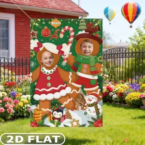 1 count 2D Flat Christmas Photo Door Party Banner and Backdrop, Christmas Gingerbread Man Photo Prop Background Banner for Christmas Party Supplies, 59x39 Inch, Durable Polyester Fabric, Funny Christmas Games for Christmas Xmas Holiday Party Supplies