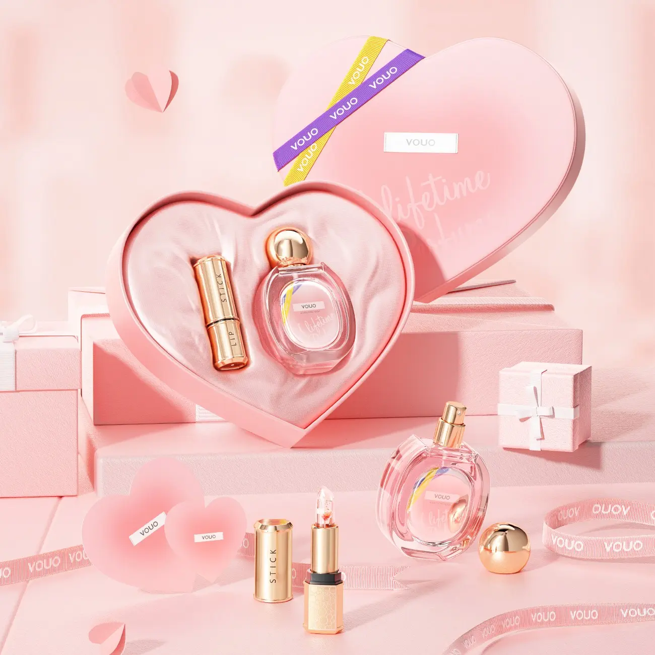 Luxurious Perfume Lipstick Set, Charming Floral Fragrance Spray, Color-Changing Gold Foil Lipstick, High-End Heart Gift Bag Box Packaging,Valentine's Day gifts, Mother's Day gifts, birthday gifts