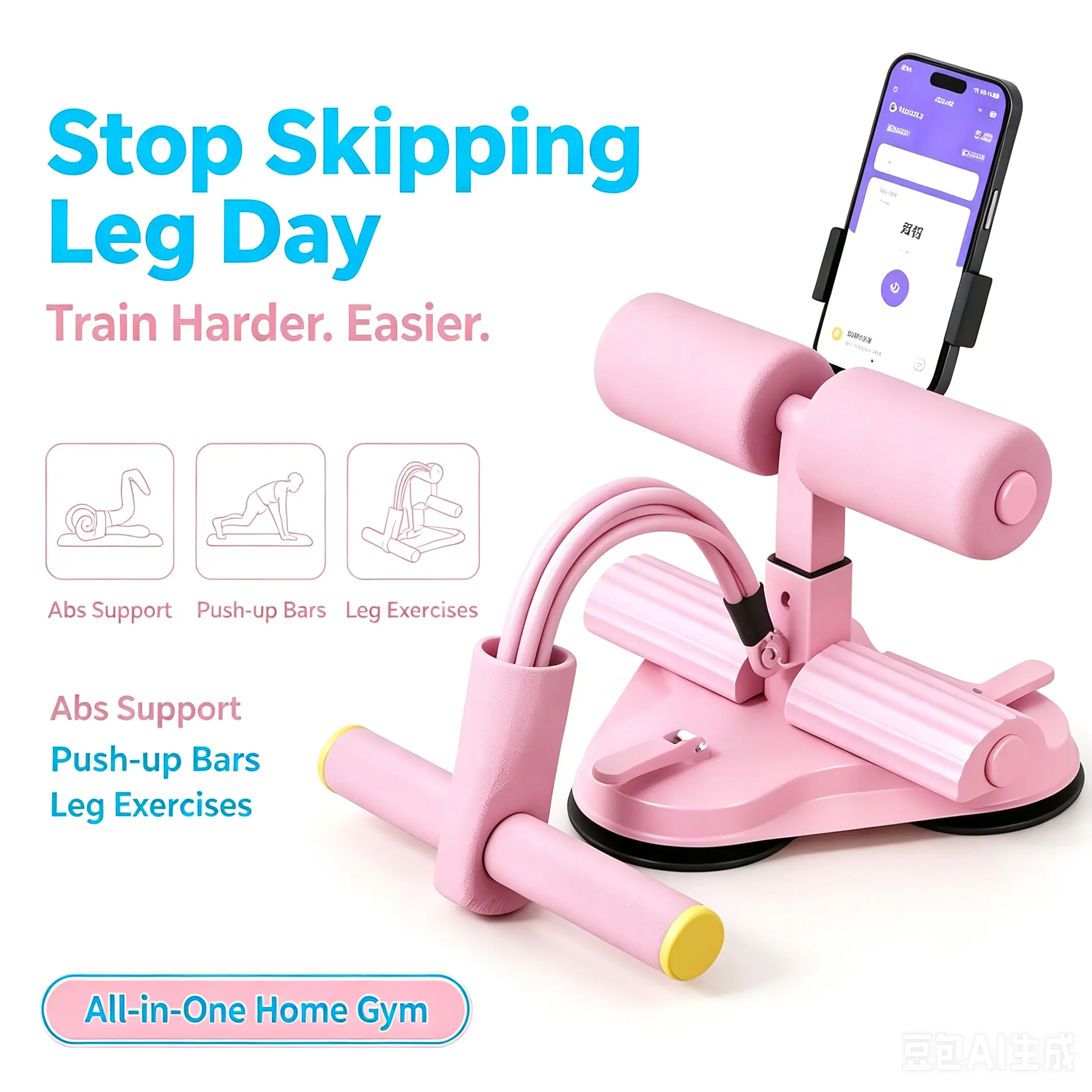 Multifunctional Suction Cup Sit-Up Bar - 1-in-1 Home Strength Training Equipment with Push-Up Bars, Leg Resistance Trainer, Phone Holder for Abdominal Core & Full-Body Workouts