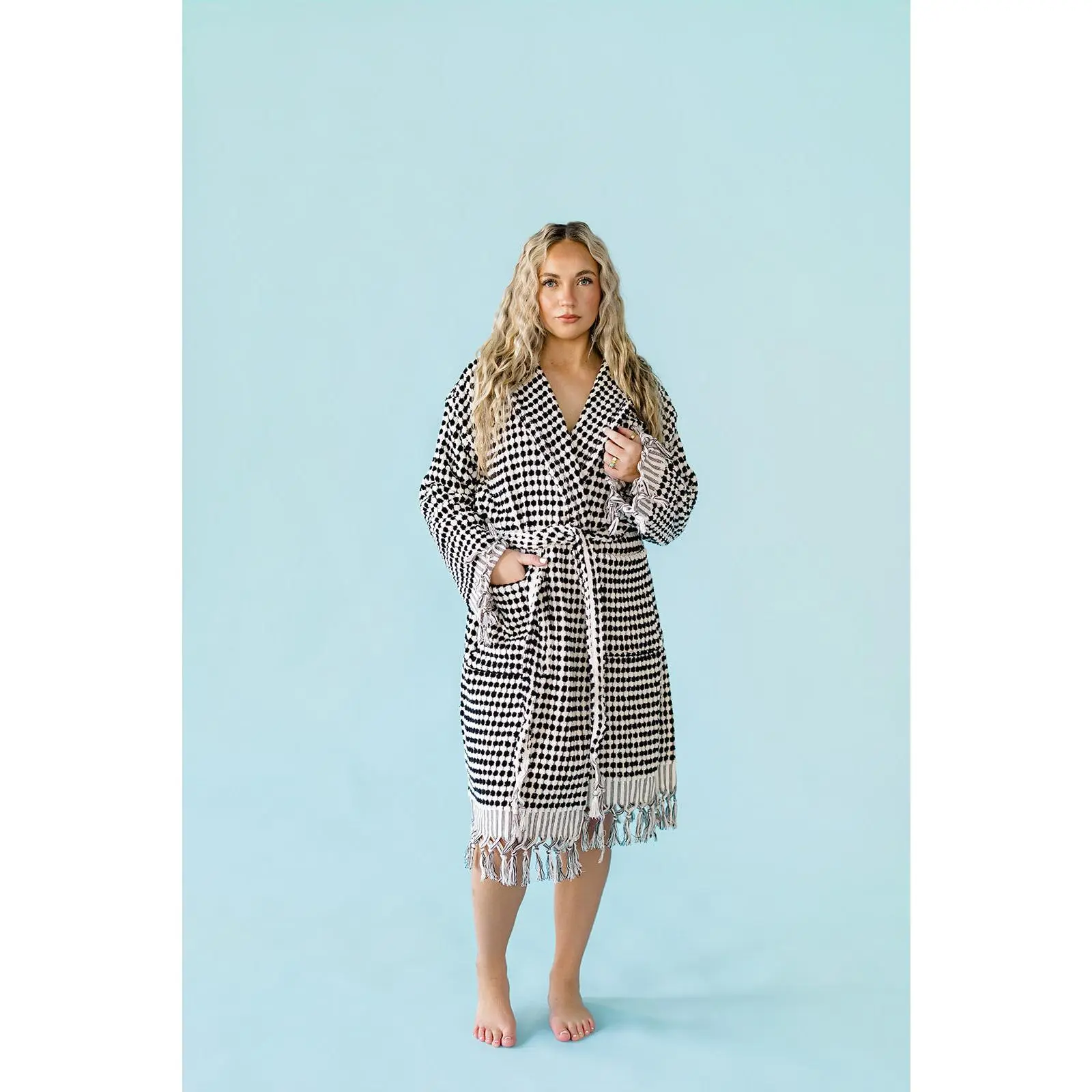 Black & White Pom Pom Bathrobe Cotton Womenswear - Cozy Terry Cloth Robe with Tassels for Nightwear & Loungewear