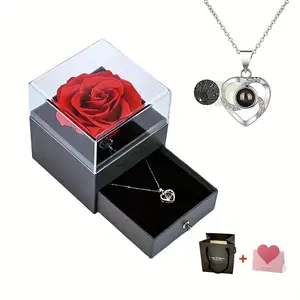Rose Gift Box with Necklace, Clear Gift Box with Heart Shaped Necklace, Gift for Women, Birthday Gift for Mom, Anniversary Gift for Her, Heart Design Necklace, Love Necklace