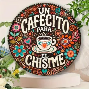 Vintage Round Metal Wall Art - 8x8 Inch Aluminum Coffee Decor with Spanish Phrase "Un Cafecito Para El Chisme" - Retro Kitchen, Cafe, Bar, Bedroom Decor - Unique Gift for Coffee Lovers, Vibrant Illustration, Coffee Bar Signs, Home Office Decor
