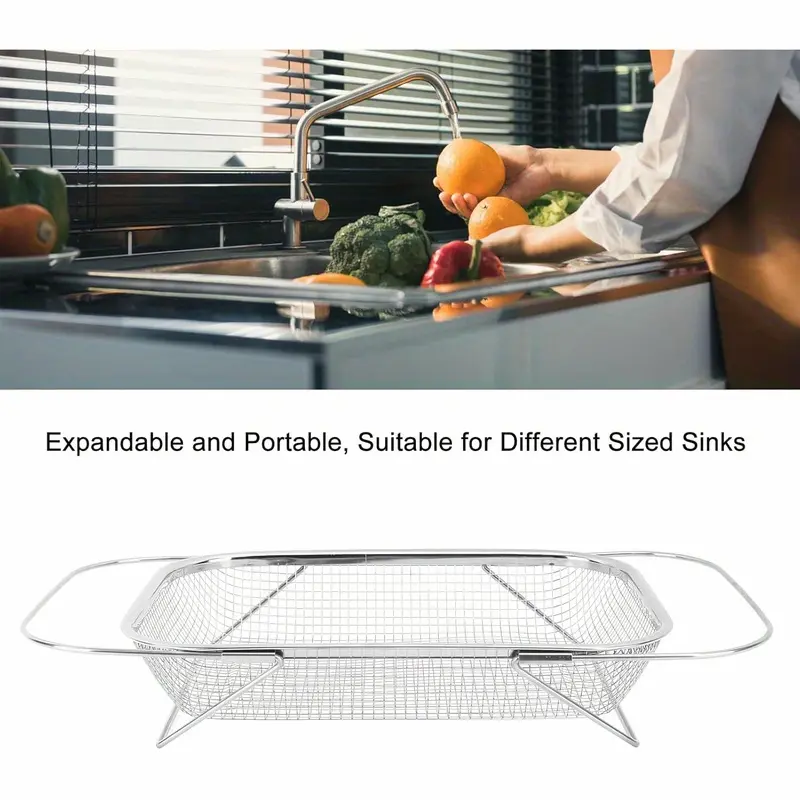 Large Household Stainless Steel Water Filter Basket, Portable Telescopic Water Filter Rack, Adjustable, Telescopic, Foldable, Used for Cleaning Fruits, Vegetables, Etc., Essential for Home Kitchens, 13.39 Inches * 9.45 Inches