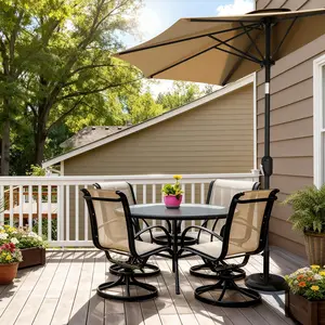9FT Half Patio Umbrella for Balcony, Deck & Small Patio, Outdoor Half Umbrella with Crank Lift, Space Saving Wall Umbrella with Vented Canopy & Steel Ribs for Backyard, Garden, Apartment, Tan