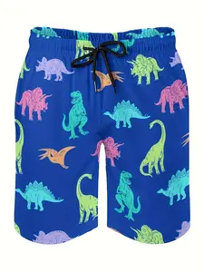 Men's colorful dinosaur pattern swim trunks - good elasticity, soft, lightweight, quick-drying, with drawstring, suitable for outdoor vacations and leisure sports