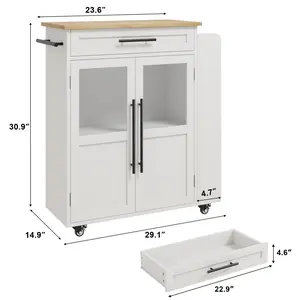 Mobile Kitchen Island Cart Storage Cabinet – Farmhouse Style, Glass Door Cabinet, Drawer, Spice Rack, Towel Bar – Rolling Coffee Bar, 36"/48" Options, White & Natural Finish