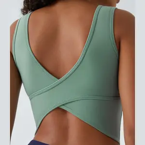 Halara U Neck Backless Crossover Barre Ballet Dance Tank Top Green Pilates Attire Yoga Attire Casual Attire Customized Support Casual Attire Stylish Removable Pads Fashion western outfits women Sleeveless Sports Shirts