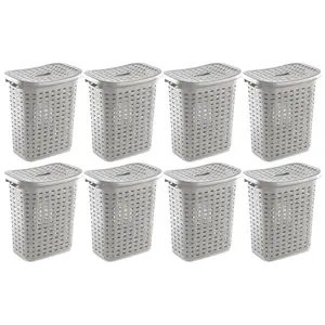 Sterilite Plastic Weave Laundry Hamper Slim Clothes Lidded Basket, Gray, 8-Pack