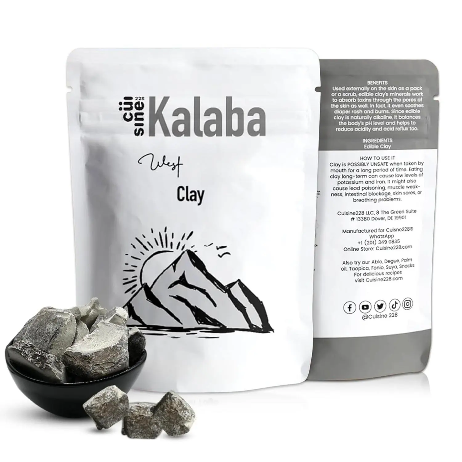 Cuisine228 Natural Edible Clay, Kalaba – 100% Natural, Chemical-Free Detox Kaolin – Calaba, Marble Chalk 16oz| Made in Togo