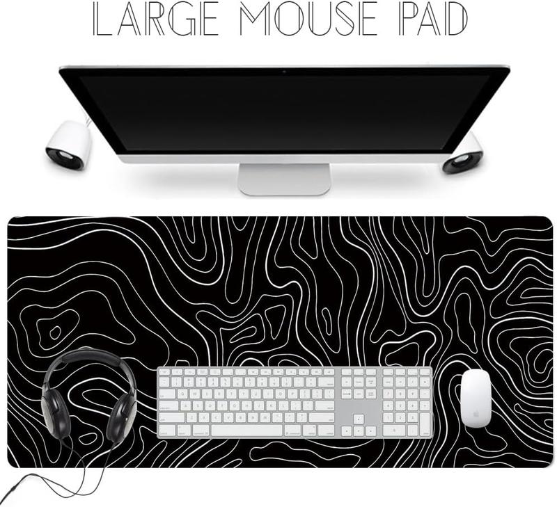 Large Gaming TOPO Keyboard  Pad Black and White Topographic  Pad with Anti-Slip Rubber Base, Extended XXL Long Gaming Mousepad Big  Pads for Desk,31.5 X 11.8 Inch