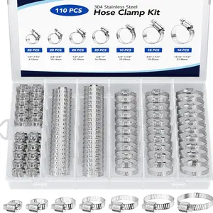 110PCS Hose Clamps Kit Stainless Steel 304 Adjustable 1/4 to 1.5 In Assortment Kit for Automotive Fuel Lines Plumbing Pipe Fittings Garden Outdoorfun
