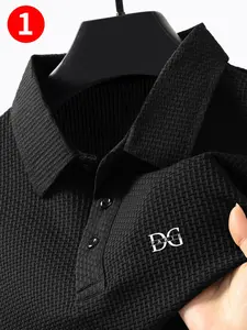 Men's Summer High-End Stylish Polo Shirt, Cool Comfortable Breathable Letter Print, New Jacquard Textured Fabric, Casual Fitted Short Sleeve