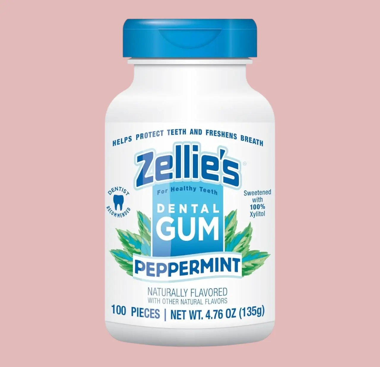 Zellie's Xylitol Peppermint Chewing Gum No Aspartame Gluten Free Vegan & Kosher 100 Count Pack for Healthy Teeth Oral Care