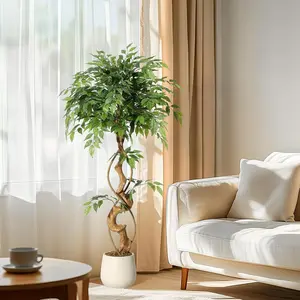 【Christmas Gift】Banyan Tree Artificial Tree - 4ft, 5ft, 6ft - Fake Silk Tree with White Flower Pot, Indoor/Outdoor Decor, Ideal for Home Decor and Ornaments Decorative Faux Decoration Leaf Minimalist Vines Fruit Plant
