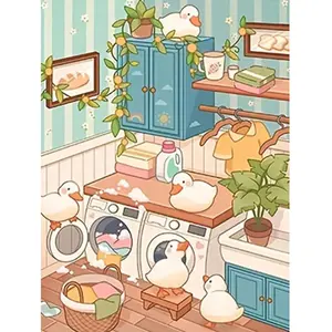 1pc 5D Diamond Painting Kit, Full Drill Round Diamonds with Complete Tools, Cartoon Laundry Room Duck Pattern, Bedroom Living Room Decoration Diamond Painting Set, Mosaic Art Craft Wall Decor for Beginners, Frameless Home Wall Gift