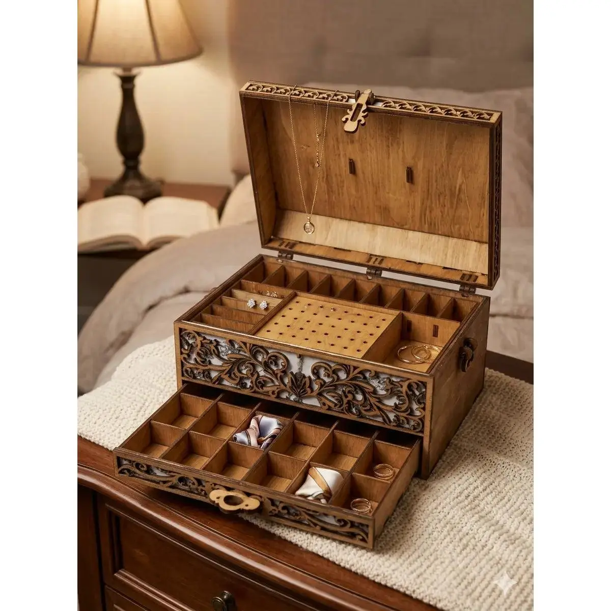 Heirloom Chest-Like Jewelry Organizer with Hidden Slide-Out Drawer, Bedroom Home Supplies Storage Solution, Ideal for Anniversaries Gifting