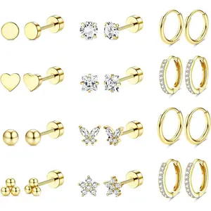 Unisex Small-Size Nickel-Free 14 Karat Surgical Steel Flat Back Earrings Set - Hoops & Studs, Multiple Shapes & Pairs, Body Jewelry for Sensitive Ears, Vertical Helix Piercings