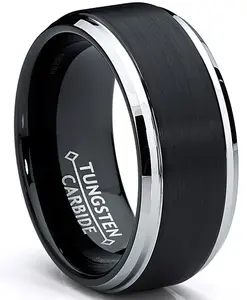 Men's Two-Tone Tungsten Ring Black Brushed Wedding Band 9MM Sizes 7-15 Men's Two-Tone Tungsten Ring Black Brushed Wedding Band 9MM Sizes 7-15
