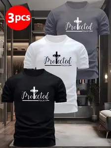 3-Pack Men's Cross Letter Print Round Neck T-Shirts, Quick-Dry Short Sleeve Shirts, Casual Summer Tops, Comfortable, Stylish & Fitted Apparel