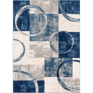 Shai Modern Geometric Grey Blue Rug - Circle Pattern Decorative Rug