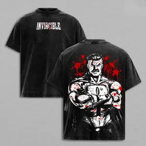 Men's Oversized Short-Sleeve Omni Man Invincible Graphic Print Top - Vintage Washed Heavyweight Cotton Streetwear Tee with Dual-Side Comic Superhero Villain Splatter Design and Acid-Washed Finish