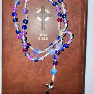Celestial Rose knot Rosary with Multicolor Beads and Silver Cross Charm for Spiritual Reflection