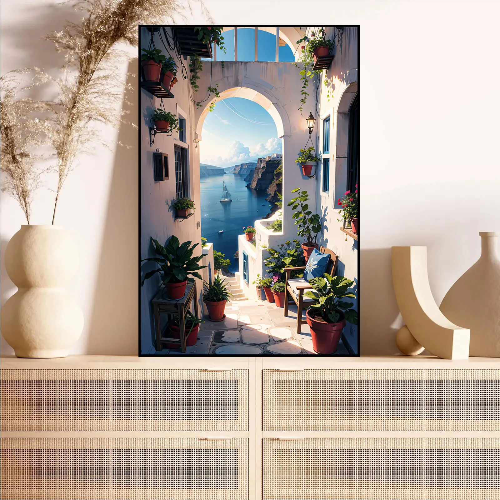 Artistic Unframed Mediterranean Archway Canvas Photo Print - Greek Island Coastal View with White Buildings, Blue Bay - Decorative Wall Decor for Bedroom, Home Supplies, Housewarming Gifts