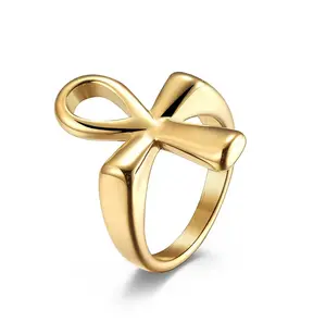 Ancient Egyptian Ankh Cross Ring Gold-Tone Stainless Steel Design Inspired by Historical Symbolism for Collectors and Enthusiasts