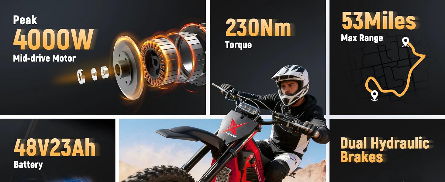 ESKUTE NOVA X Electric Bike ,4000W Power , 40° Climbing with 2849 Certified 48V 22.8Ah Removable Battery, Full Suspension Hydraulic Brakes, 60 Miles Rang Mountain Off-Road for Teens Adults ebike